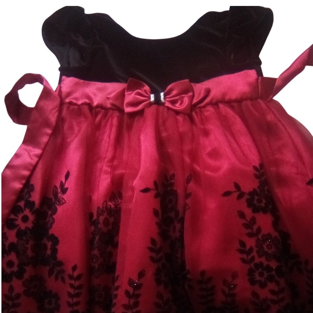 Jona Michelle Girls Black Velvet Red Satin Floral Dress Size 4T Special Occasion